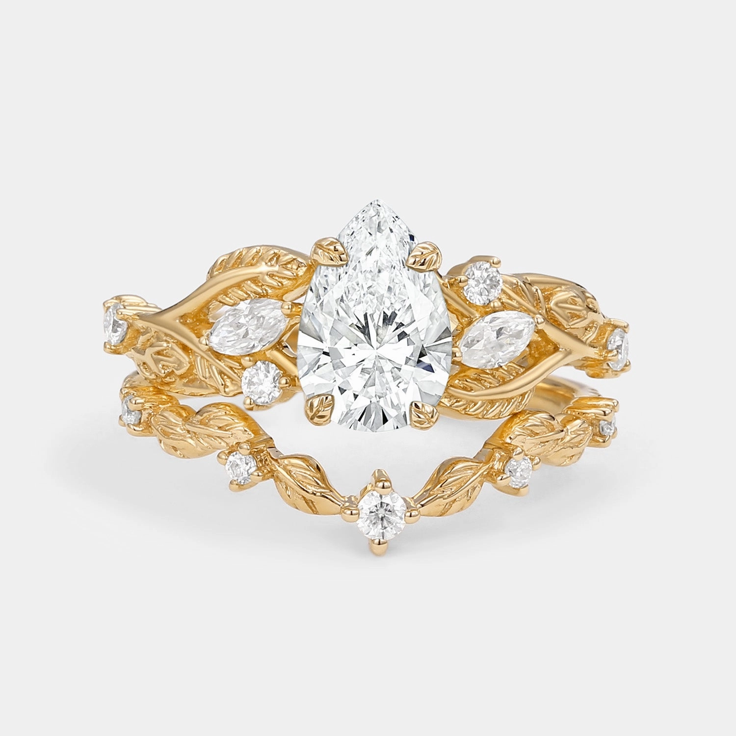 Timeless Craftwork Vintage Leafy Pear Cut Lab Grown Diamond Leafy Ring Set 2pcs