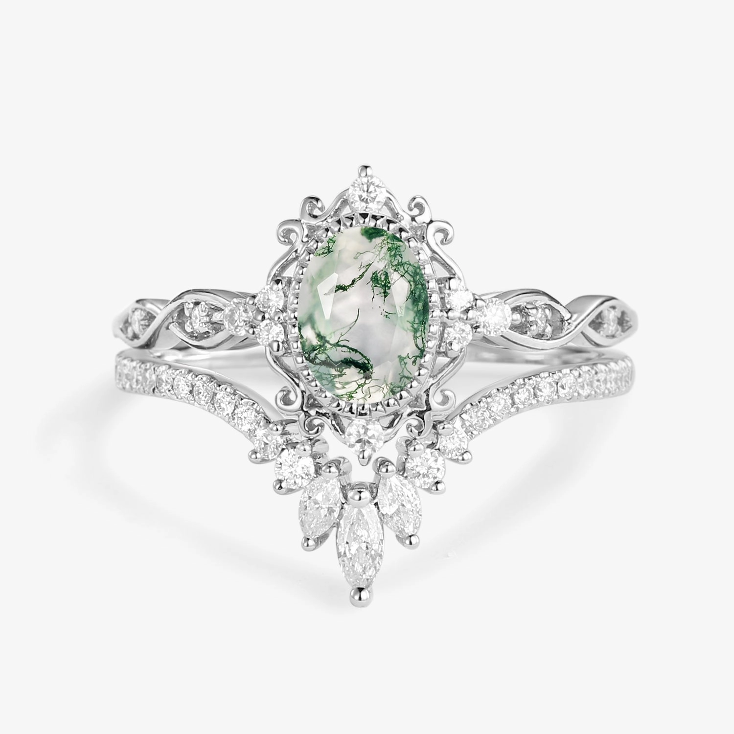 Oval Cut Vintage Moss Agate Engagement Ring Set 2pcs - Linden Dazzling Look Exclusive Accessories