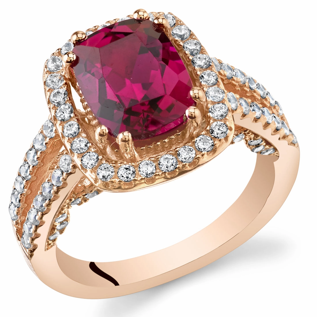 Subtle Charm Custom Style Ruby Rose Goldtone Halo Ring Sterling Silver Cushion Cut 2.75 Carats Size 5