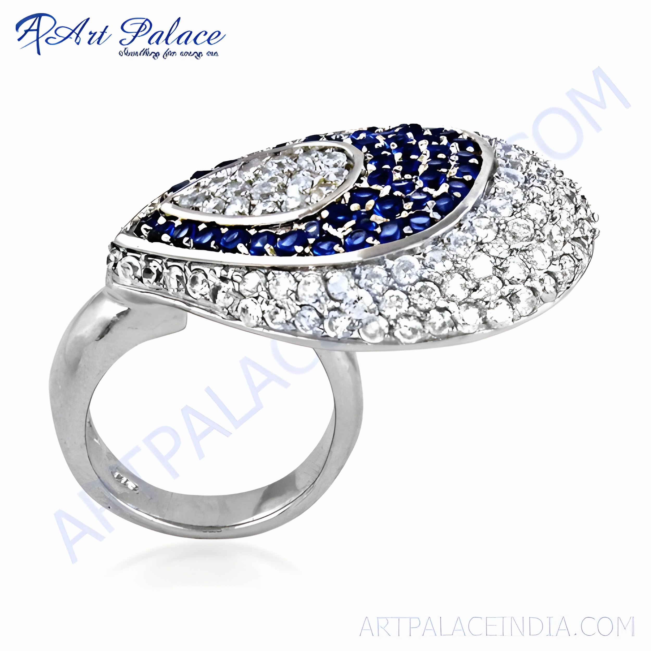 Elegant Blue Glass Cubic Zirconia Silver Ring - Unique Feminine Design Unique Style Chic Appearance