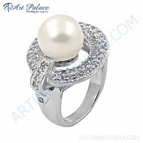 Elegant Cubic Zirconia and Pearl Silver Ring - Graceful Jewelry Group Identity Modern Creation