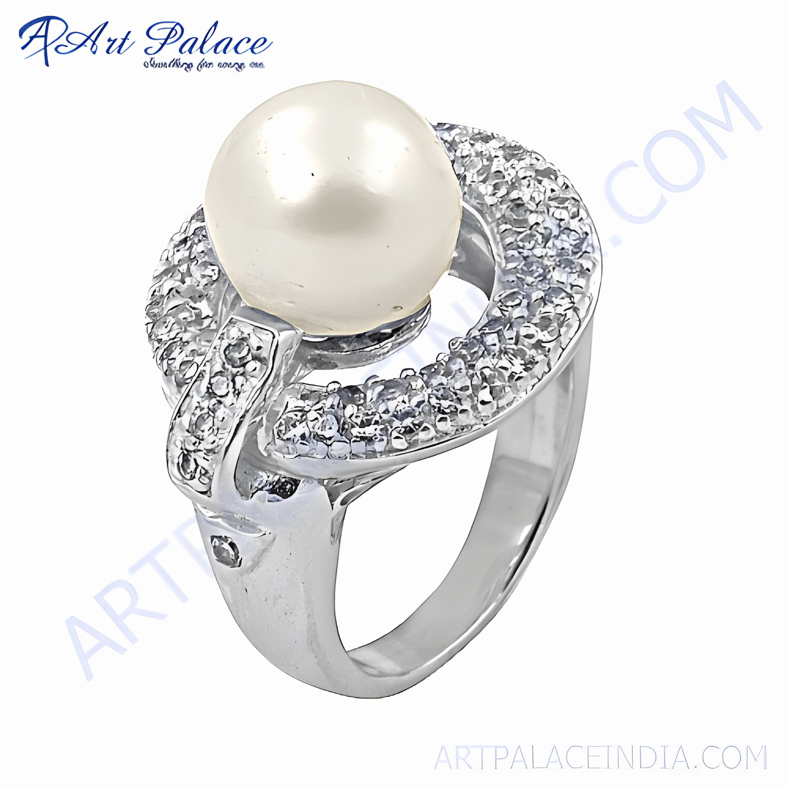 Elegant Cubic Zirconia and Pearl Silver Ring - Graceful Jewelry Group Identity Modern Creation