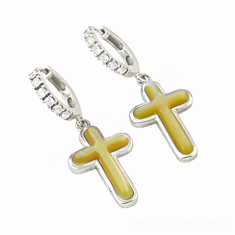 Polished Element Secure Adornment Elegant CZ Pearl Silver Earring with Religious Cross Style
