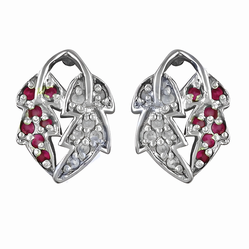 Elegant Dual Leaf Style Pink & White CZ Gemstone Silver Earrings Minimalist Trinket