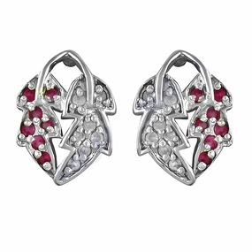 Elegant Dual Leaf Style Pink & White CZ Gemstone Silver Earrings Minimalist Trinket