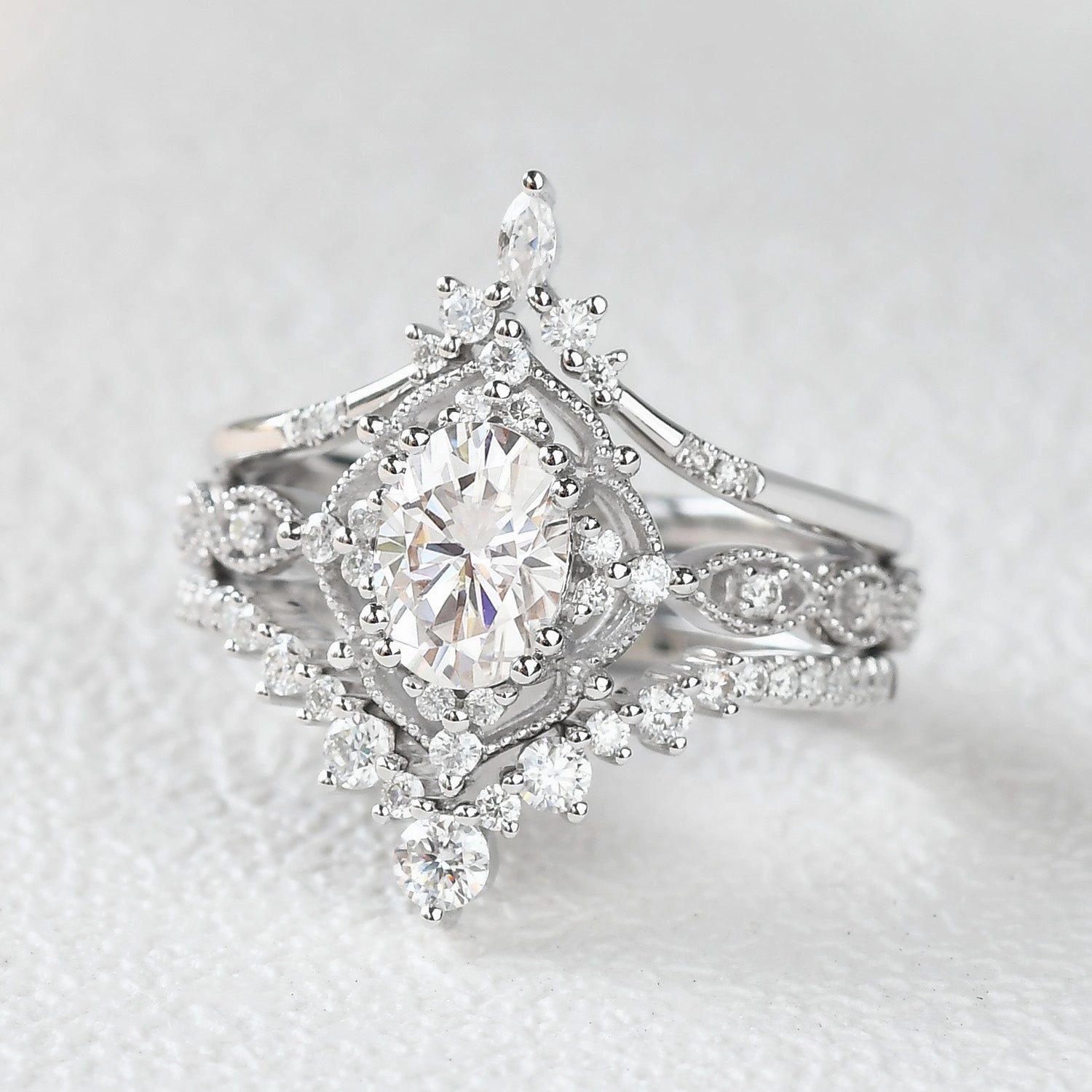 Radiant Glam Oval Black Moissanite Signature Vintage Ring Set 3pcs