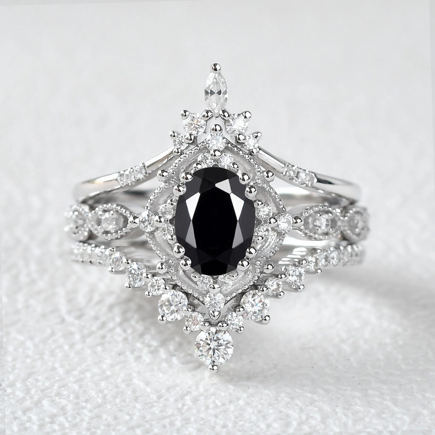 Model Ready Chic Update Oval Black Moissanite Signature Vintage Ring Set 3pcs