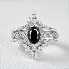 Model Ready Chic Update Oval Black Moissanite Signature Vintage Ring Set 3pcs