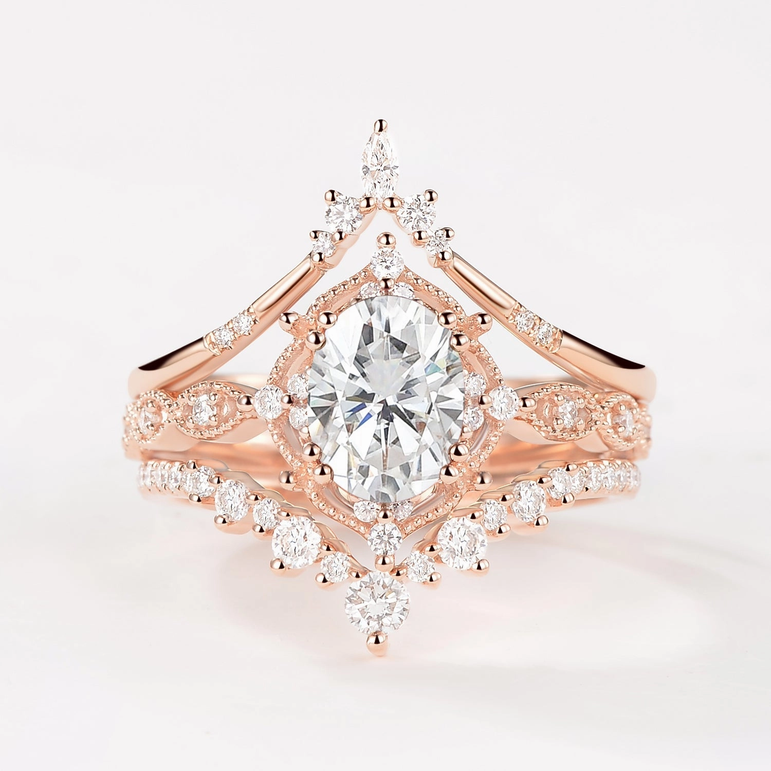 Boho Charm Trend Forward Oval Black Moissanite Signature Vintage Ring Set 3pcs