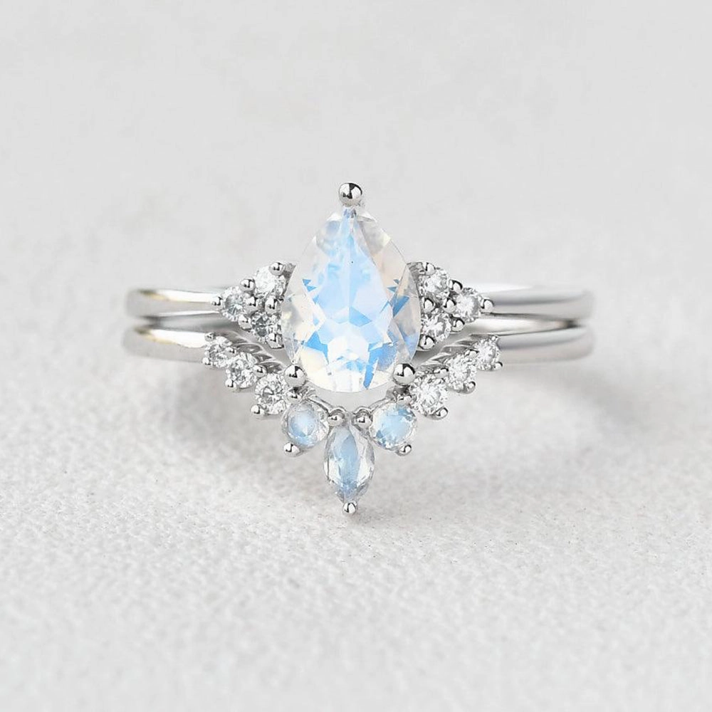 Glamour Finish Pear Shaped Moonstone Vintage Inspired Ring Set 2pcs
