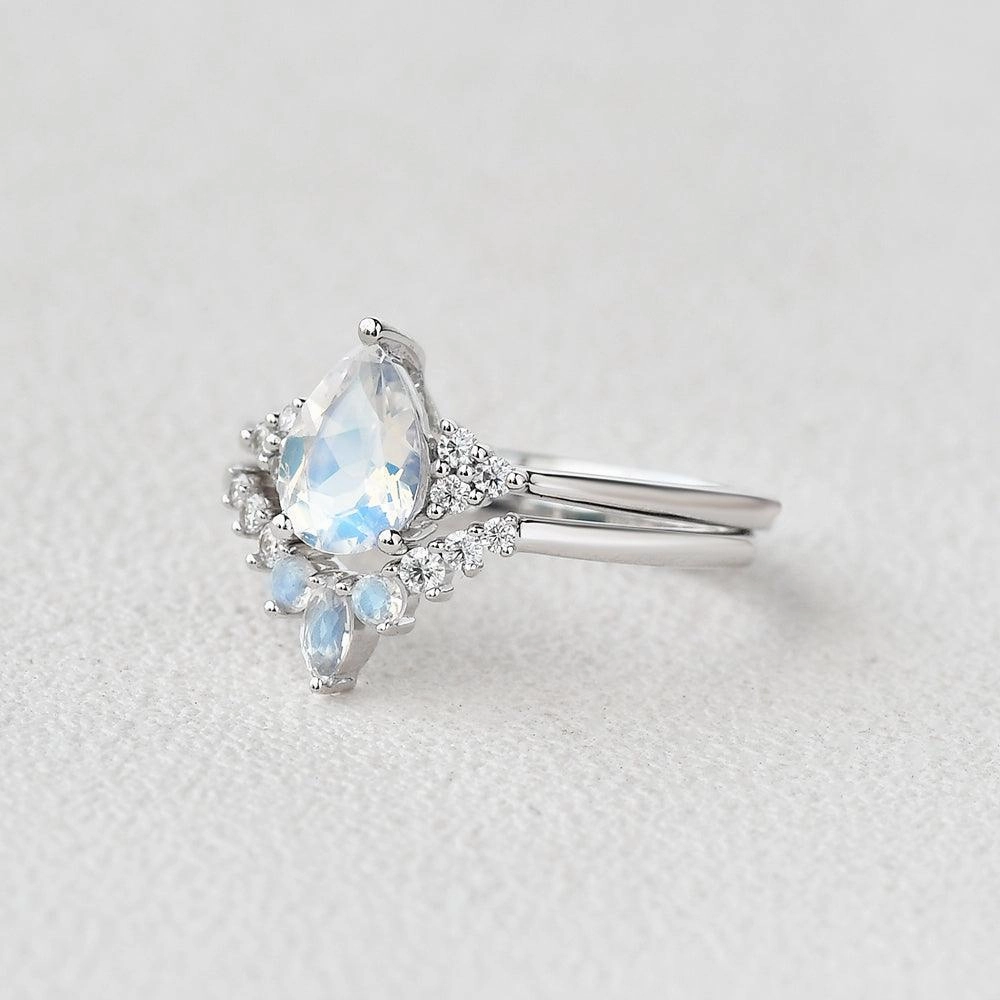 Bold Texture Pear Shaped Moonstone Vintage Inspired Ring Set 2pcs