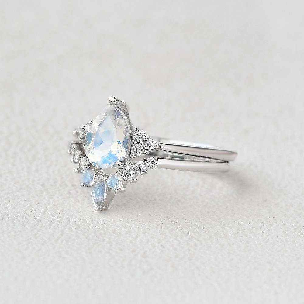 Glam Effect Pear Shaped Moonstone Vintage Inspired Ring Set 2pcs
