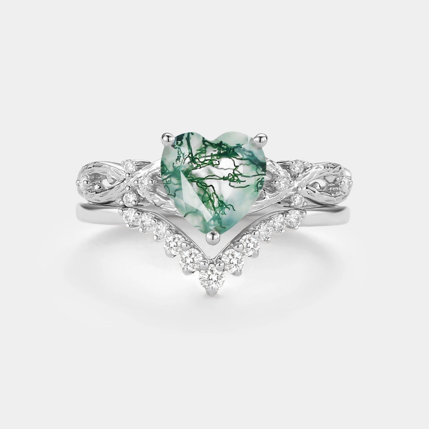 Vibrant Look Infinity Heart Shaped Natural Moss Agate Ring Set 2pcs - Elle