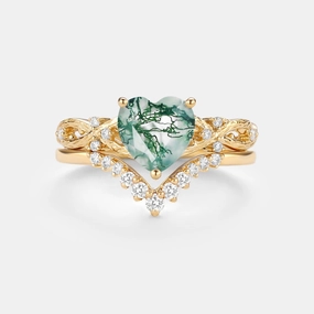 Grace Note Infinity Heart Shaped Natural Moss Agate Ring Set 2pcs - Elle