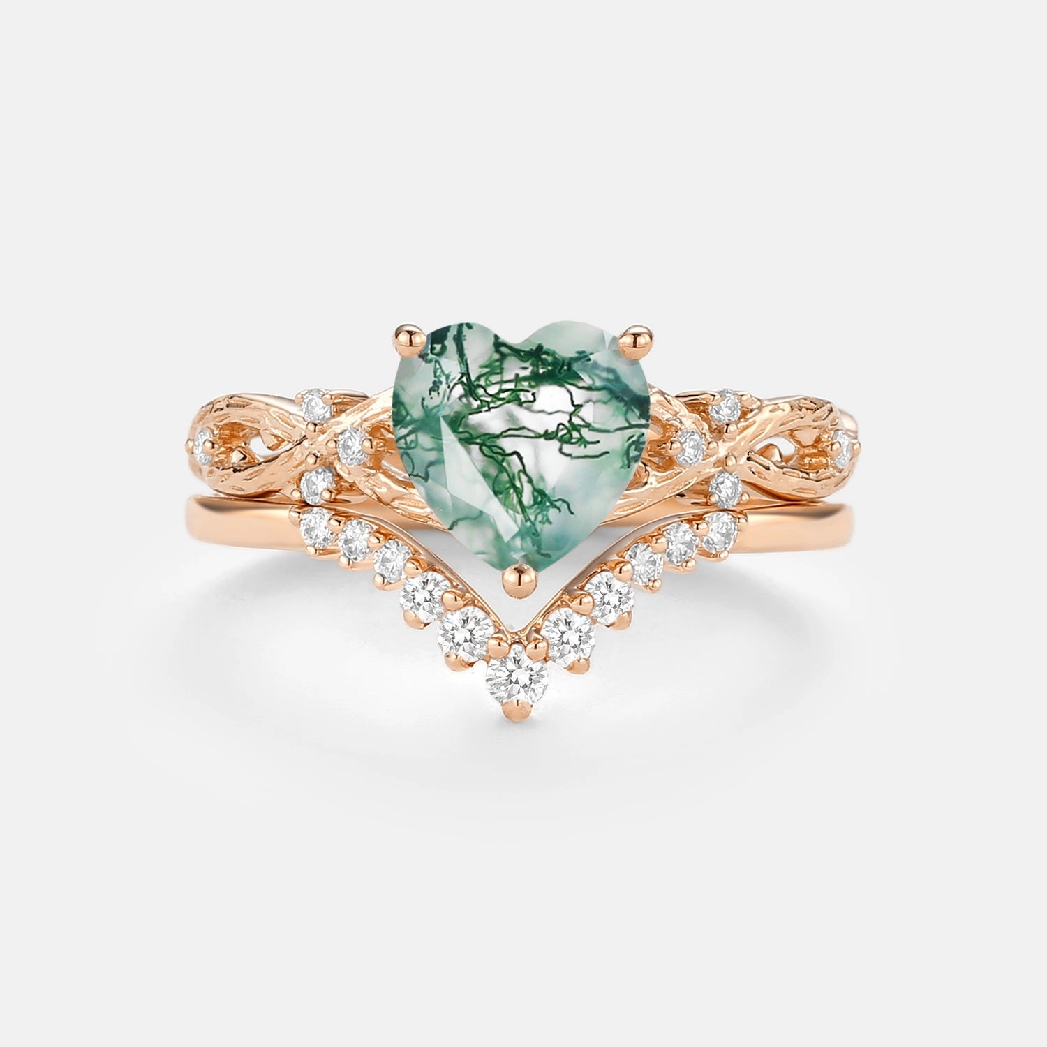 Shimmering Effect Infinity Heart Shaped Natural Moss Agate Ring Set 2pcs - Elle
