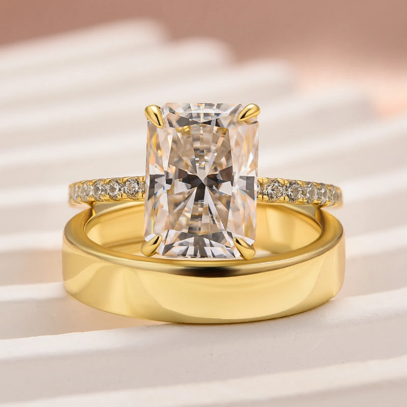 Highlight Edge Moissanite 3.5 Ct Radiant Cut Yellow Gold Wedding Ring Set with Wide Wedding Band