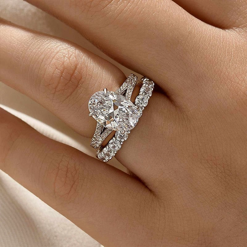 Classic Piece 4.0Ct Oval Cut Split Shank Wedding Ring Set With Eternity Wedding Band