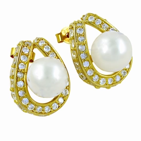 Unique Look Sturdy Decor Elegant Gold-Plated Silver Earrings with CZ Pearl Gemstone - Glamour Collection