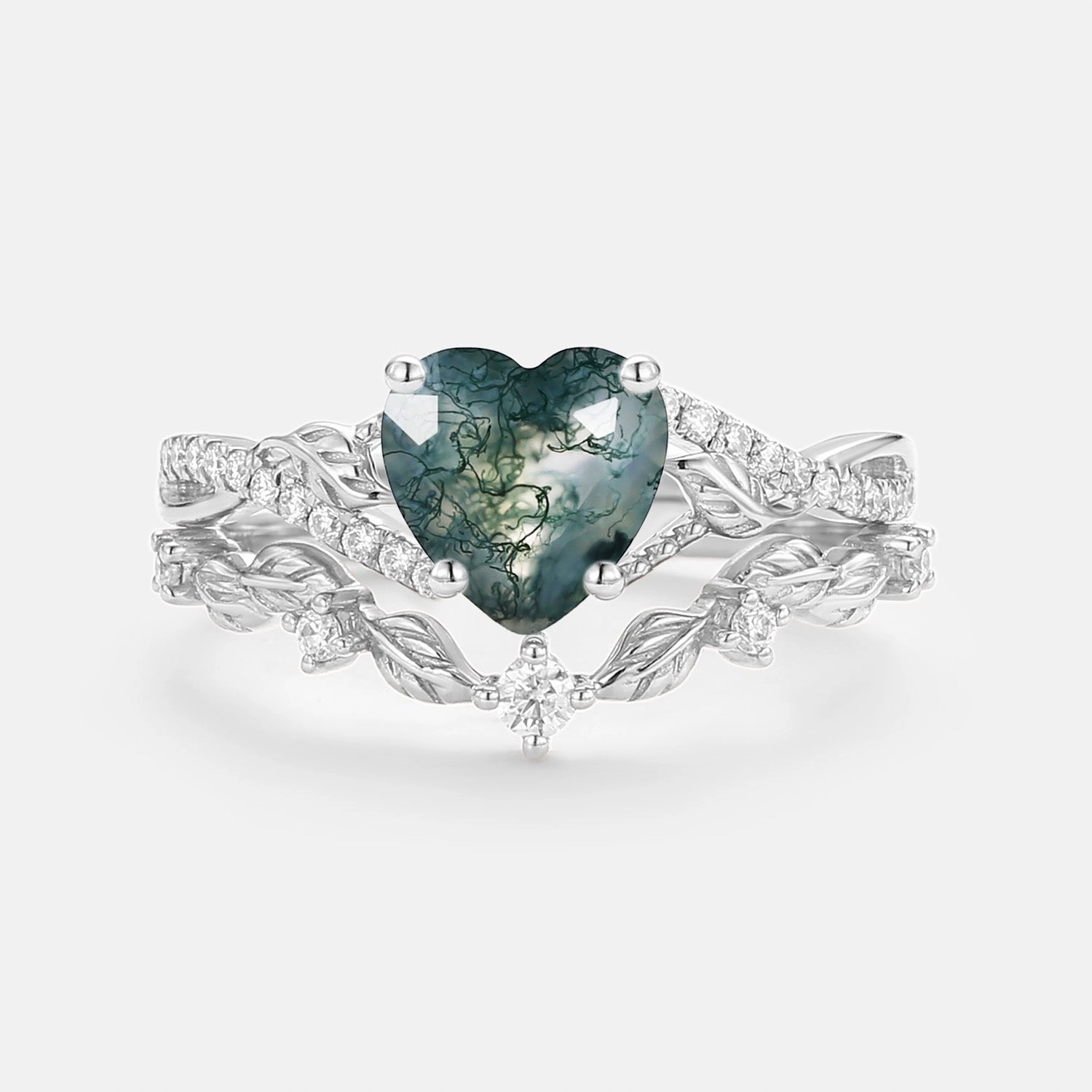 Chic Contour Stunning Accent Nature Inspired Heart Shaped Moss Agate Leafy Ring Set 2pcs - Syrin
