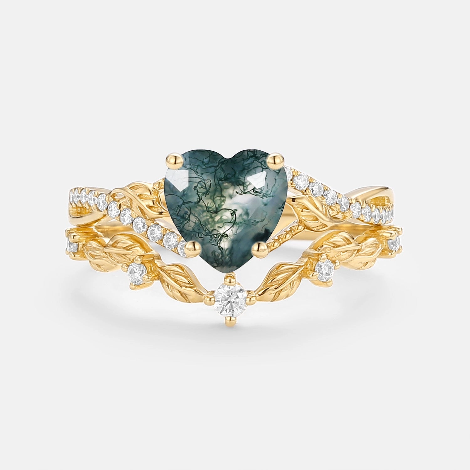 Nature Inspired Heart Shaped Moss Agate Leafy Ring Set 2pcs - Syrin Impressive Accent Radiant Finish