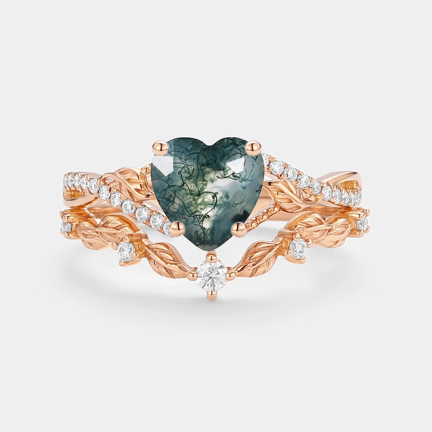 Handmade Jewelry Flawless Sparkle Nature Inspired Heart Shaped Moss Agate Leafy Ring Set 2pcs - Syrin