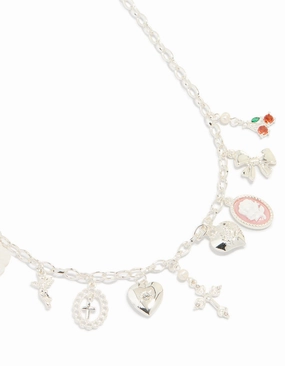 Silver Plated Multi Heart & Cross Charm Necklace Alluring Charm