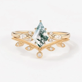 Green Leafy Unique Kite Moss Agate Engagement Ring Sets 2pcs Luxury Collection