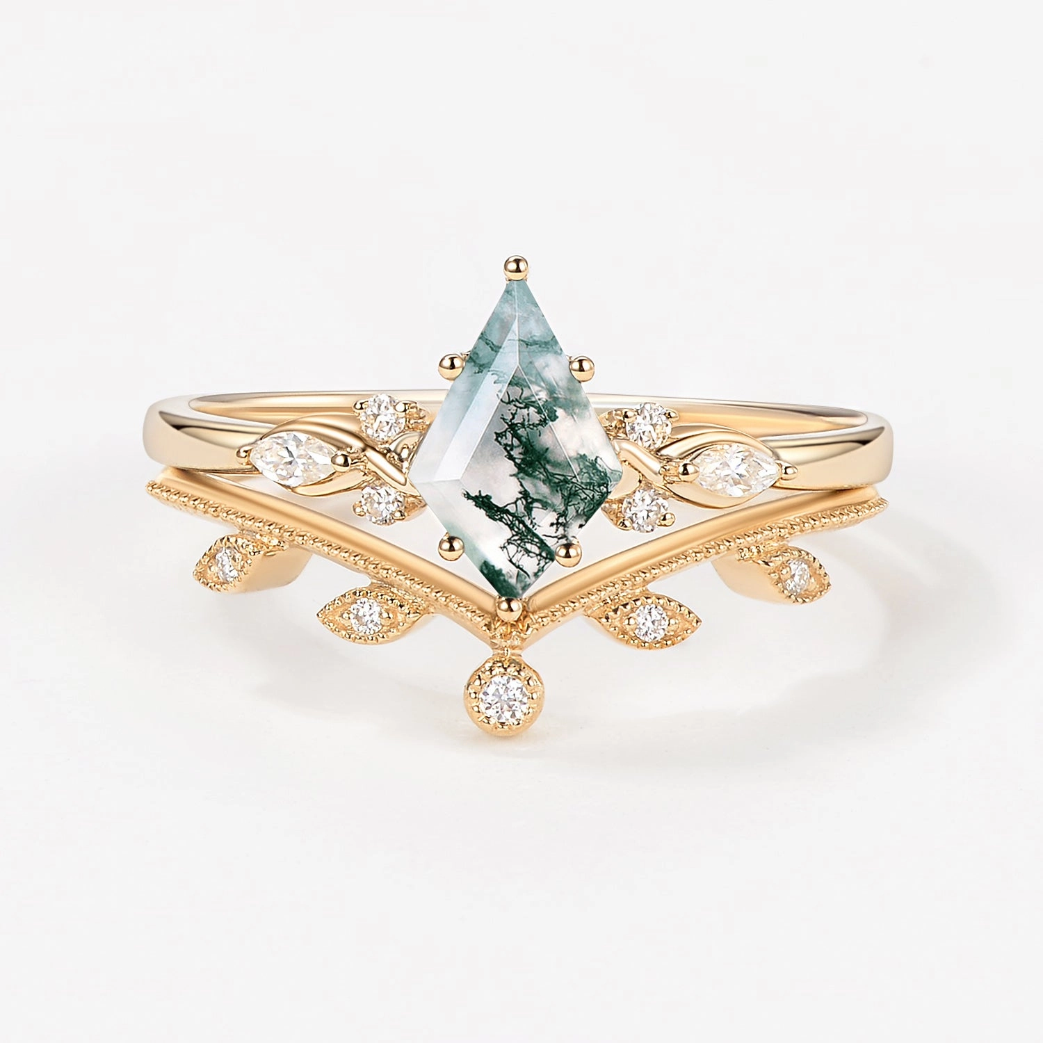 Green Leafy Unique Kite Moss Agate Engagement Ring Sets 2pcs Luxury Collection