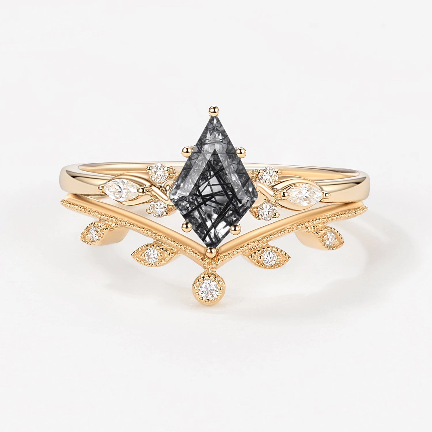 Polished Shine Urban Feature Green Leafy Unique Kite Moss Agate Engagement Ring Sets 2pcs