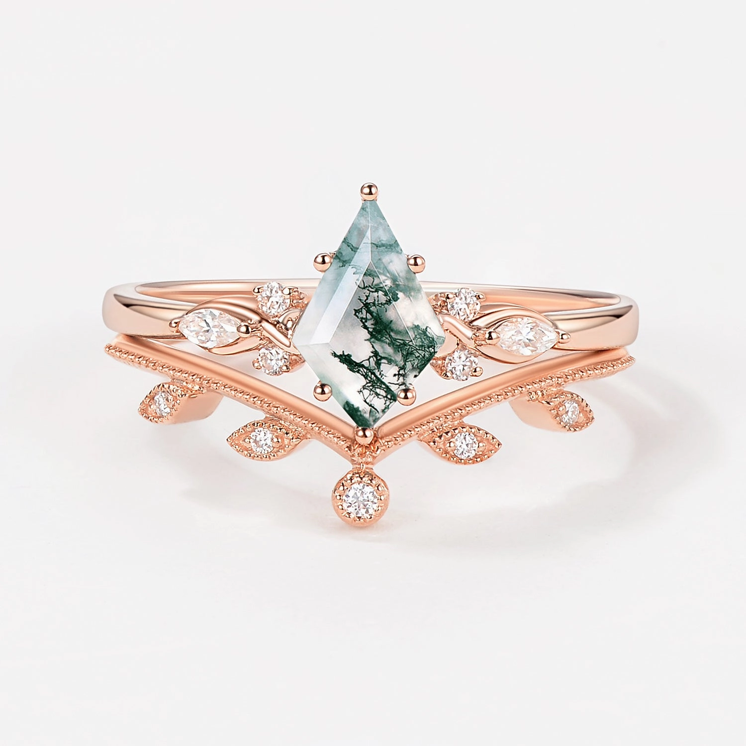 Vivid Detail Dainty Spark Green Leafy Unique Kite Moss Agate Engagement Ring Sets 2pcs