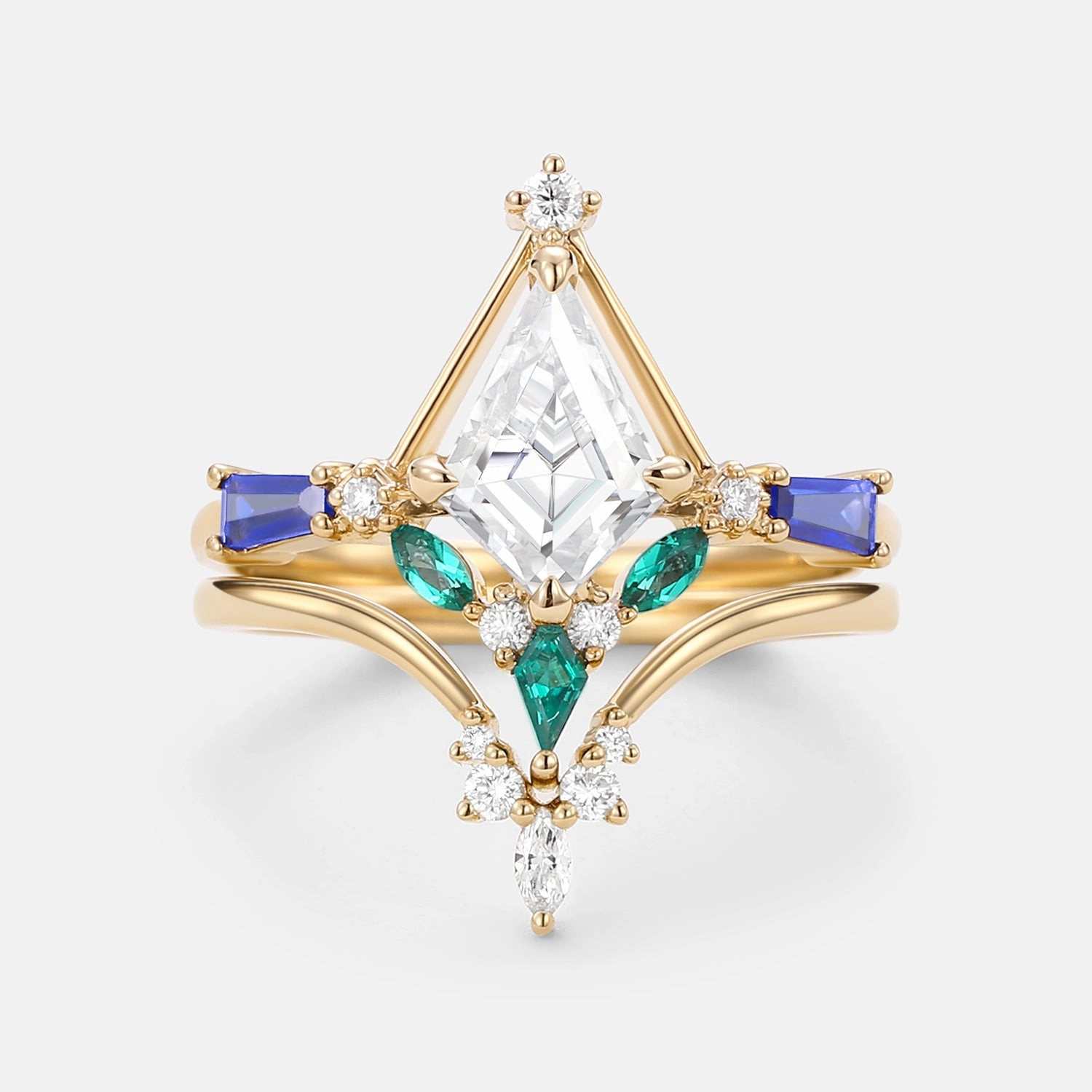 Unique Kite Cut Moissanite Curved Engagement Ring Set 2pcs Custom Order Elegant Highlight