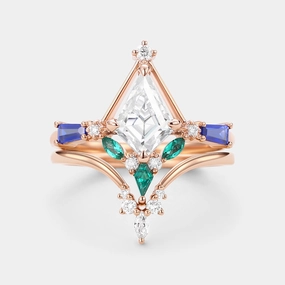 Statement Highlight Unique Kite Cut Moissanite Curved Engagement Ring Set 2pcs