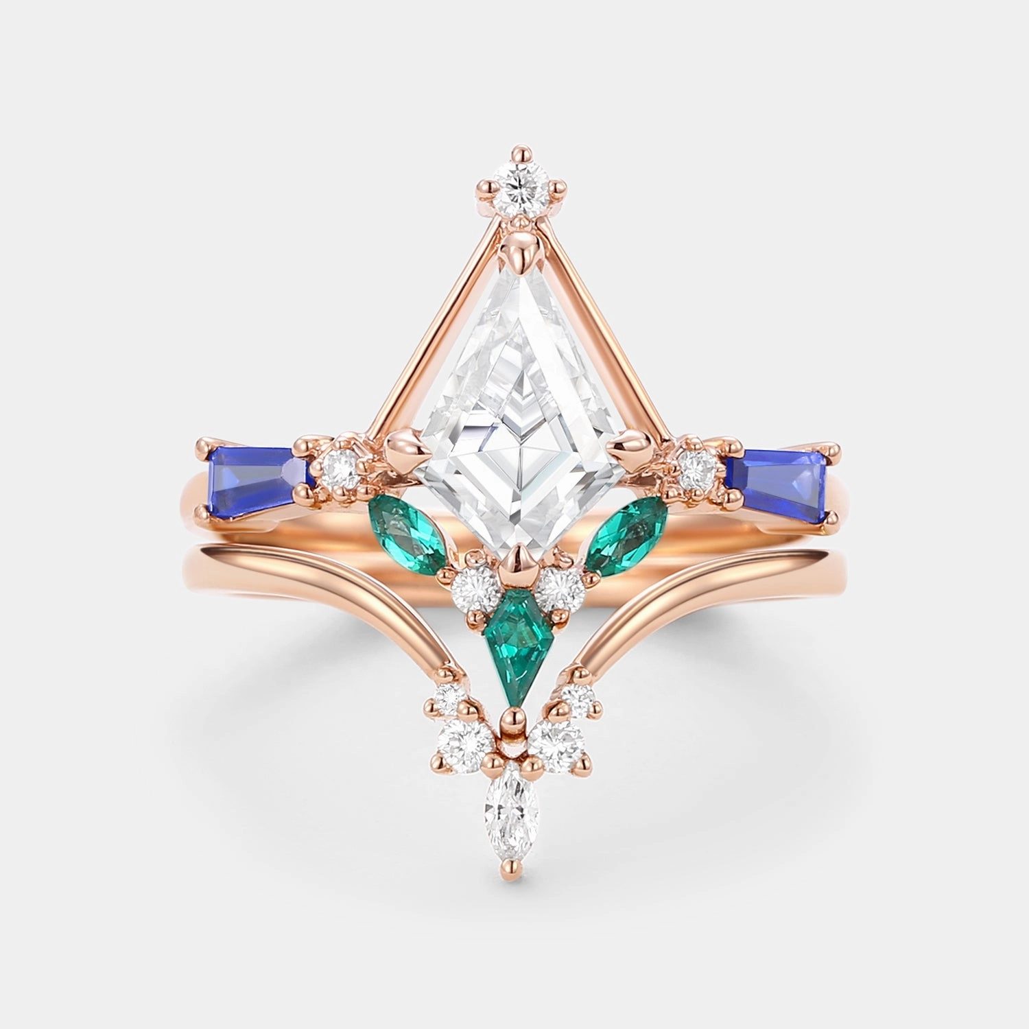 Unique Kite Cut Moissanite Curved Engagement Ring Set 2pcs Lustrous Finish