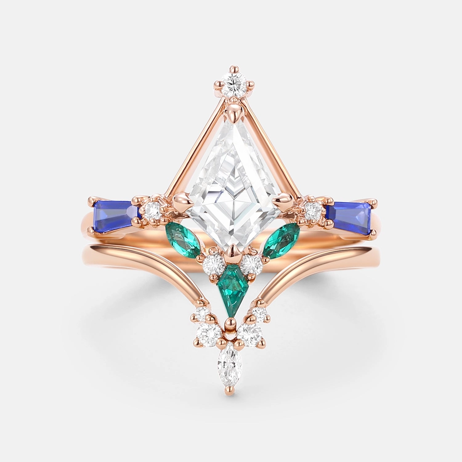 Statement Highlight Unique Kite Cut Moissanite Curved Engagement Ring Set 2pcs