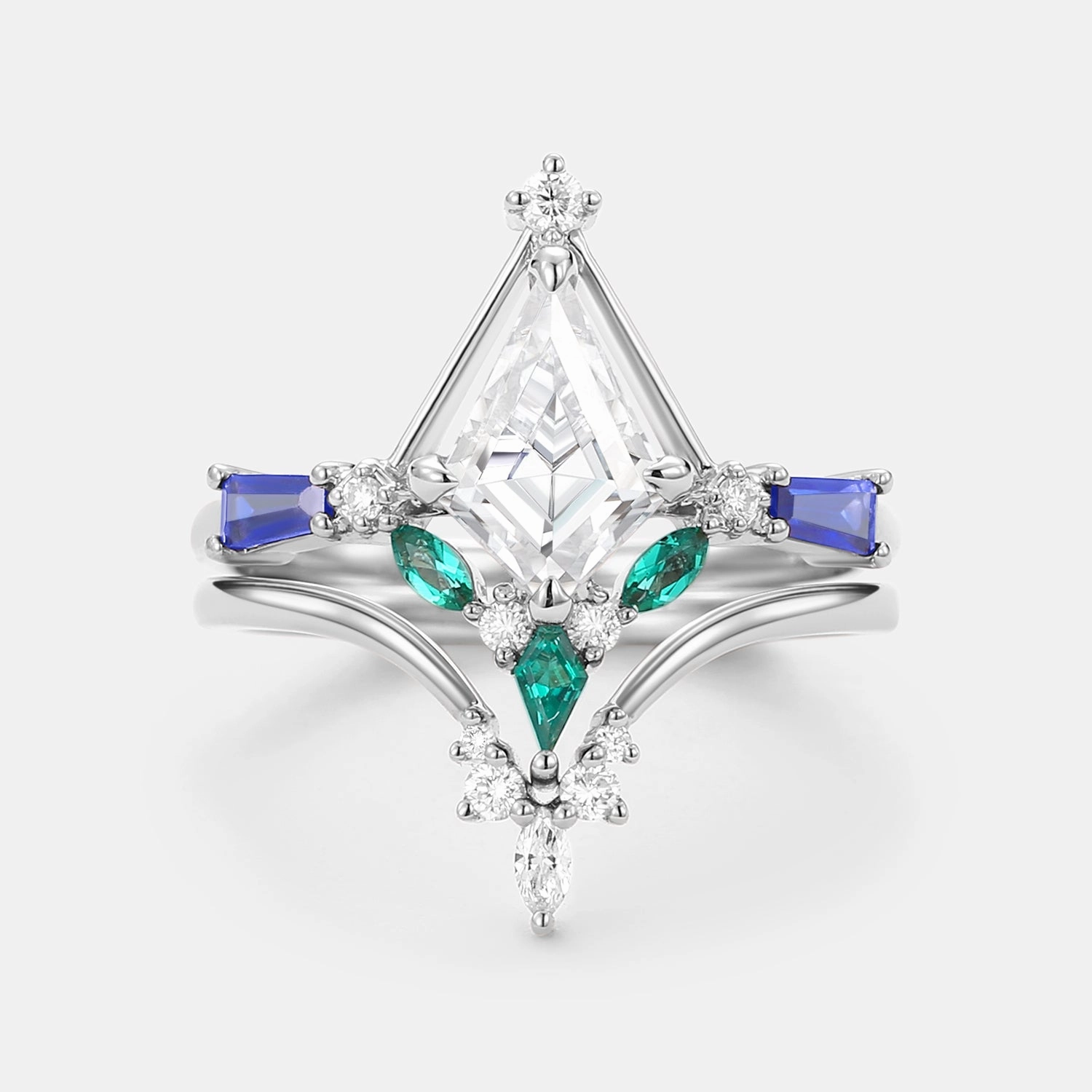 Lifestyle Match Unique Kite Cut Moissanite Curved Engagement Ring Set 2pcs