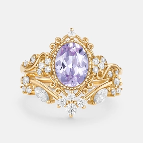 Oval Cut Lab Lavender Sapphire Cluster Engagement Ring Sets 2pcs - Cora Daily Wear