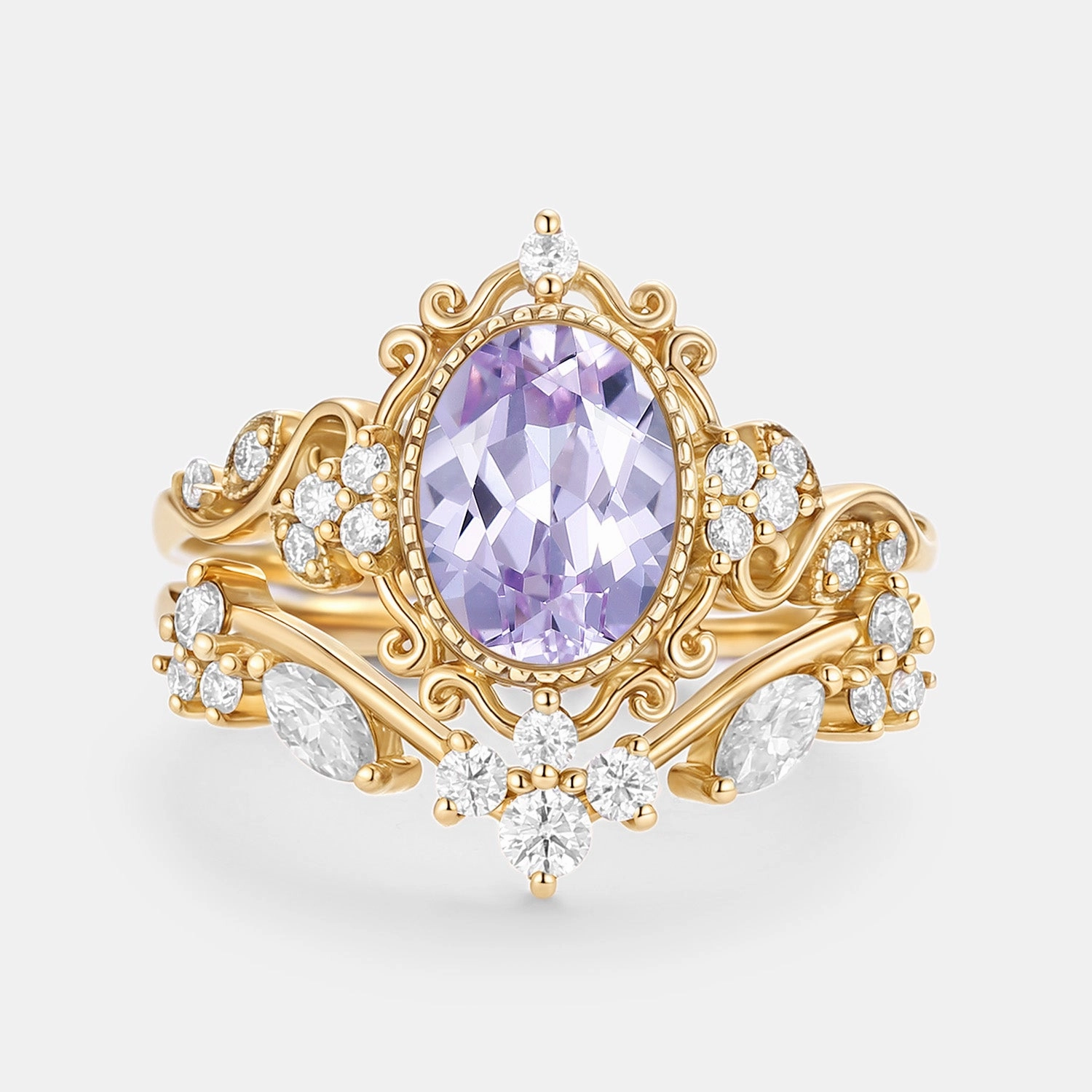 Oval Cut Lab Lavender Sapphire Cluster Engagement Ring Sets 2pcs - Cora Daily Wear