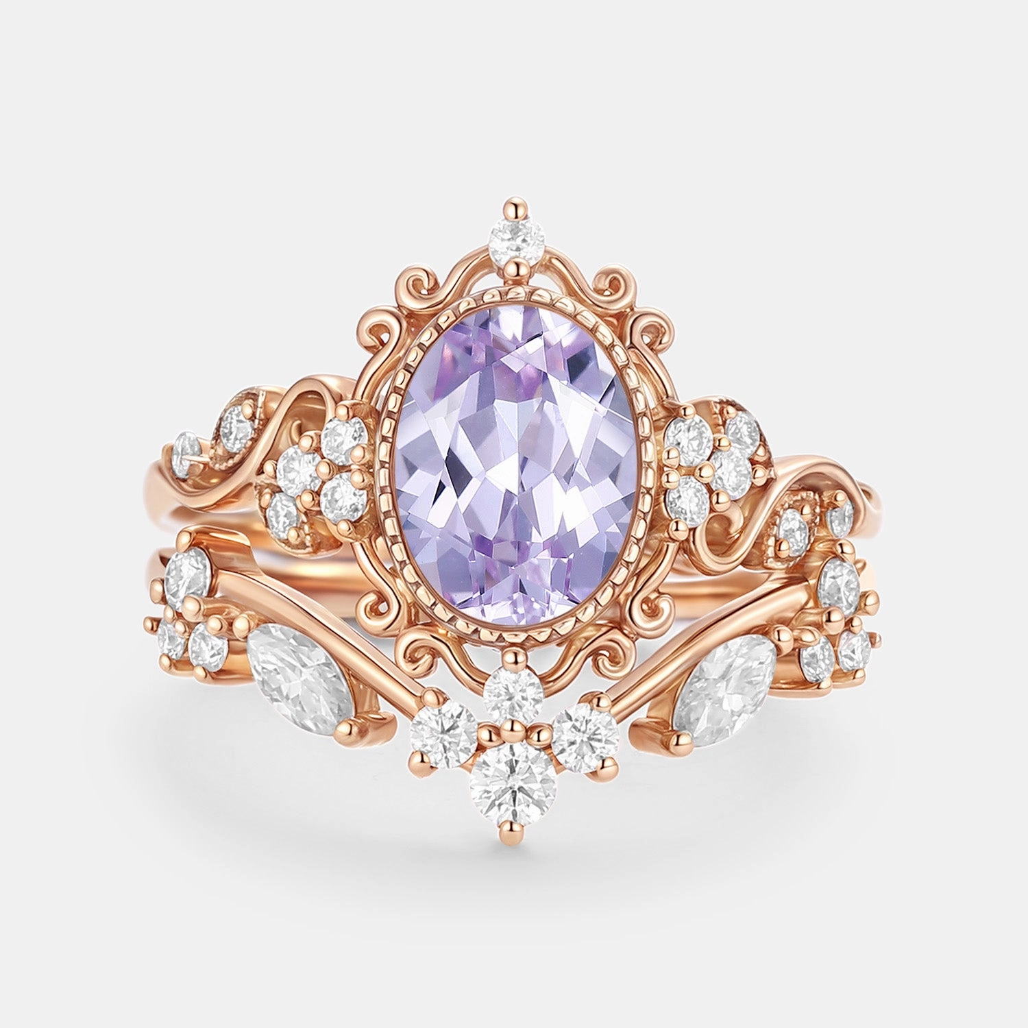 Classy Vibe Oval Cut Lab Lavender Sapphire Cluster Engagement Ring Sets 2pcs - Cora