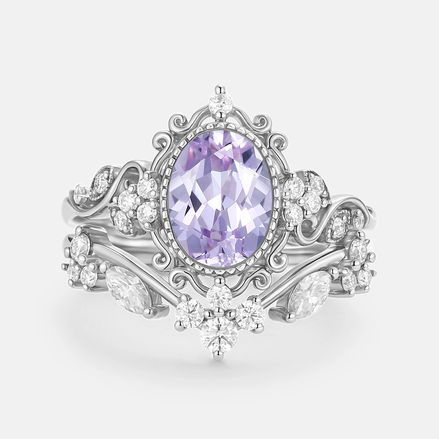 Oval Cut Lab Lavender Sapphire Cluster Engagement Ring Sets 2pcs - Cora Exclusive Style Glamorous Gifts