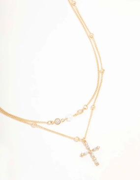 Gold Layered Diamante Cross & Pearl Necklace Luxury Moments Elegant Beauty