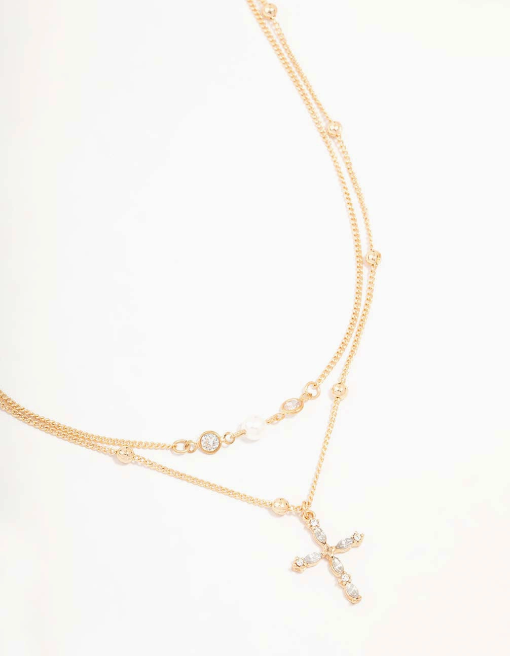 Gold Layered Diamante Cross & Pearl Necklace Luxury Moments Elegant Beauty