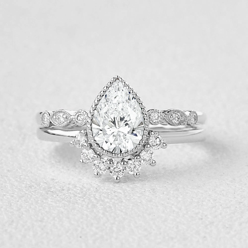 Petite Accent Vintage Milgrain Pear Cut Lab Grown Diamond Engagement Ring Set 2pcs
