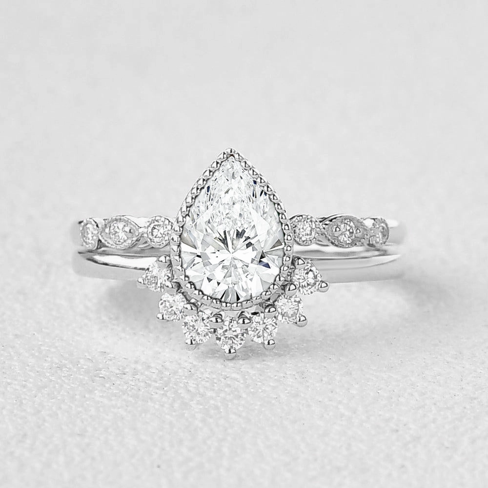Textured Layers Fresh Mood Vintage Milgrain Pear Cut Lab Grown Diamond Engagement Ring Set 2pcs