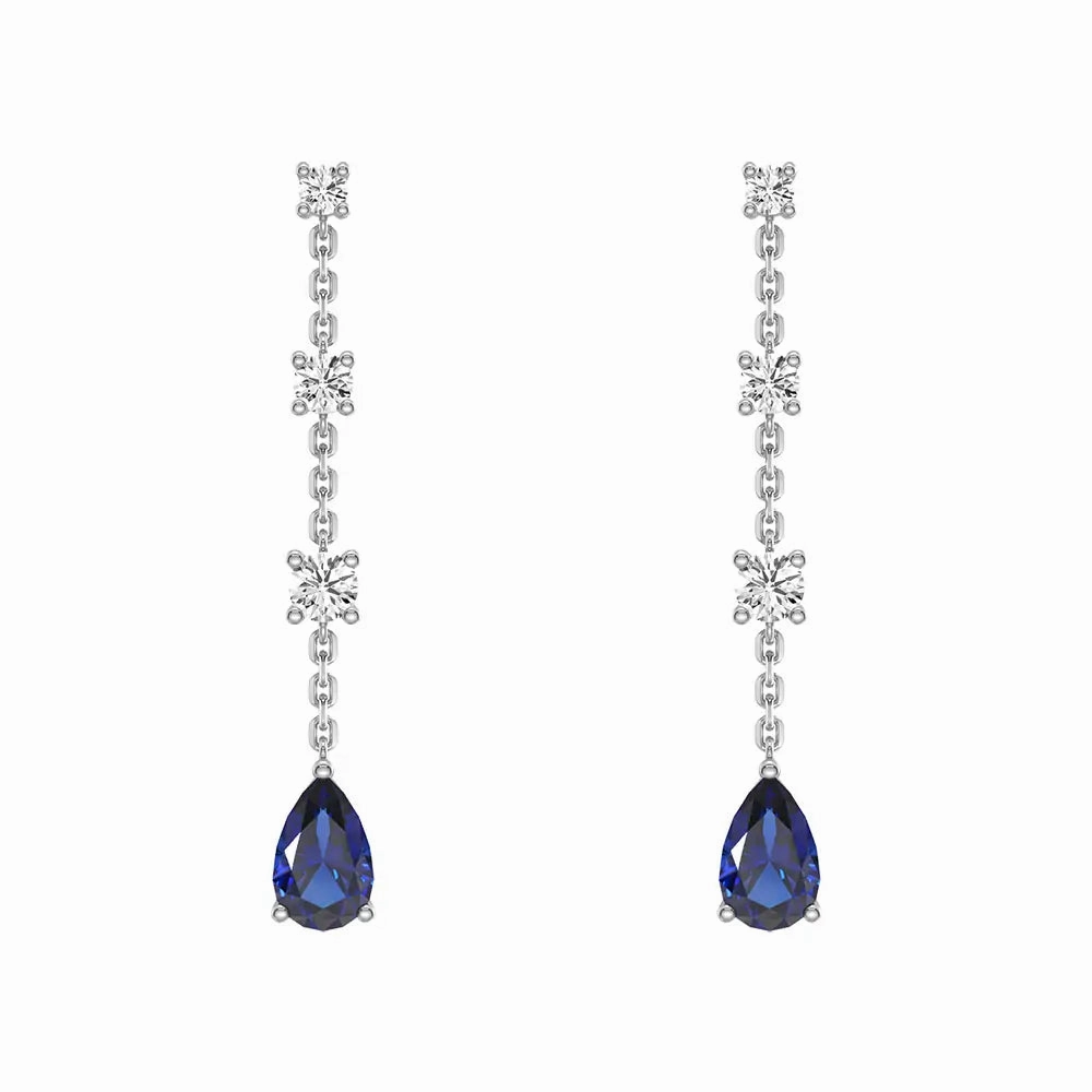 Elegant Tiered Diamond Stud Earrings with Trembling Lab Sapphire Drop Flawless Finish Clean Accent