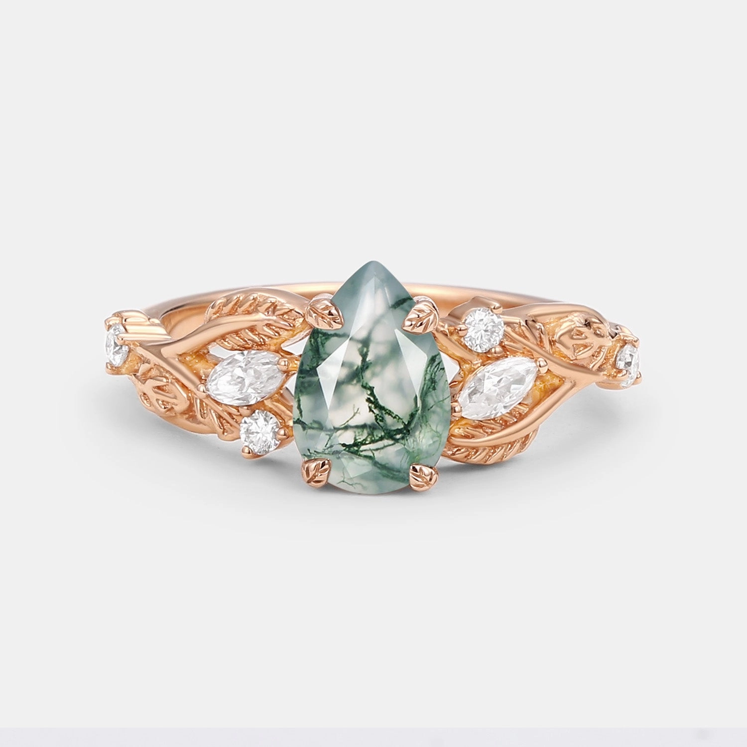 Timeless Gift Pear Shaped Moss Agate Leafy Wedding Engagement Ring
