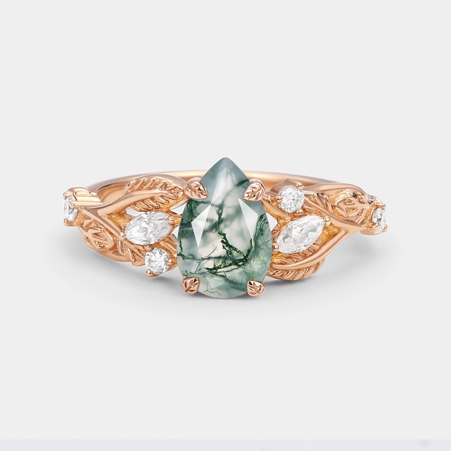 Contemporary Craft Natural Touch Pear Shaped Moss Agate Leafy Wedding Engagement Ring