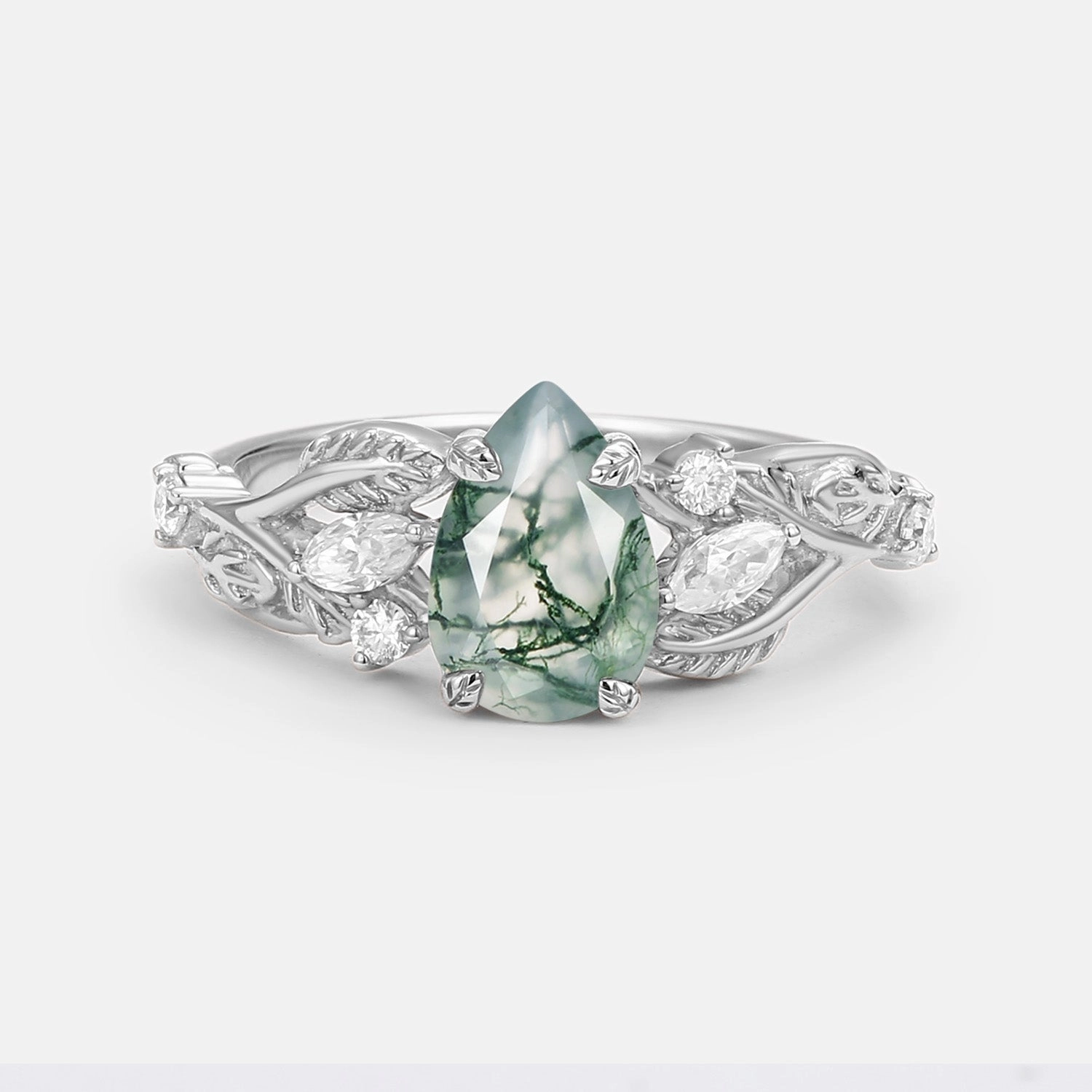 Luxurious Detail Pear Shaped Moss Agate Leafy Wedding Engagement Ring