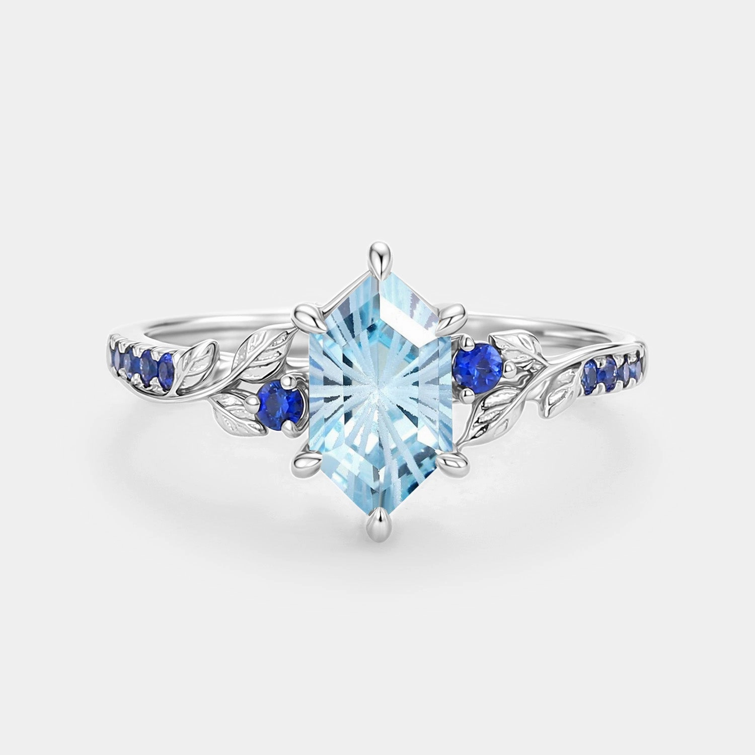 Elongated Hexagon Fireworks Cut Aquamarine Engagement Ring - Azure Charming Details Model Shot