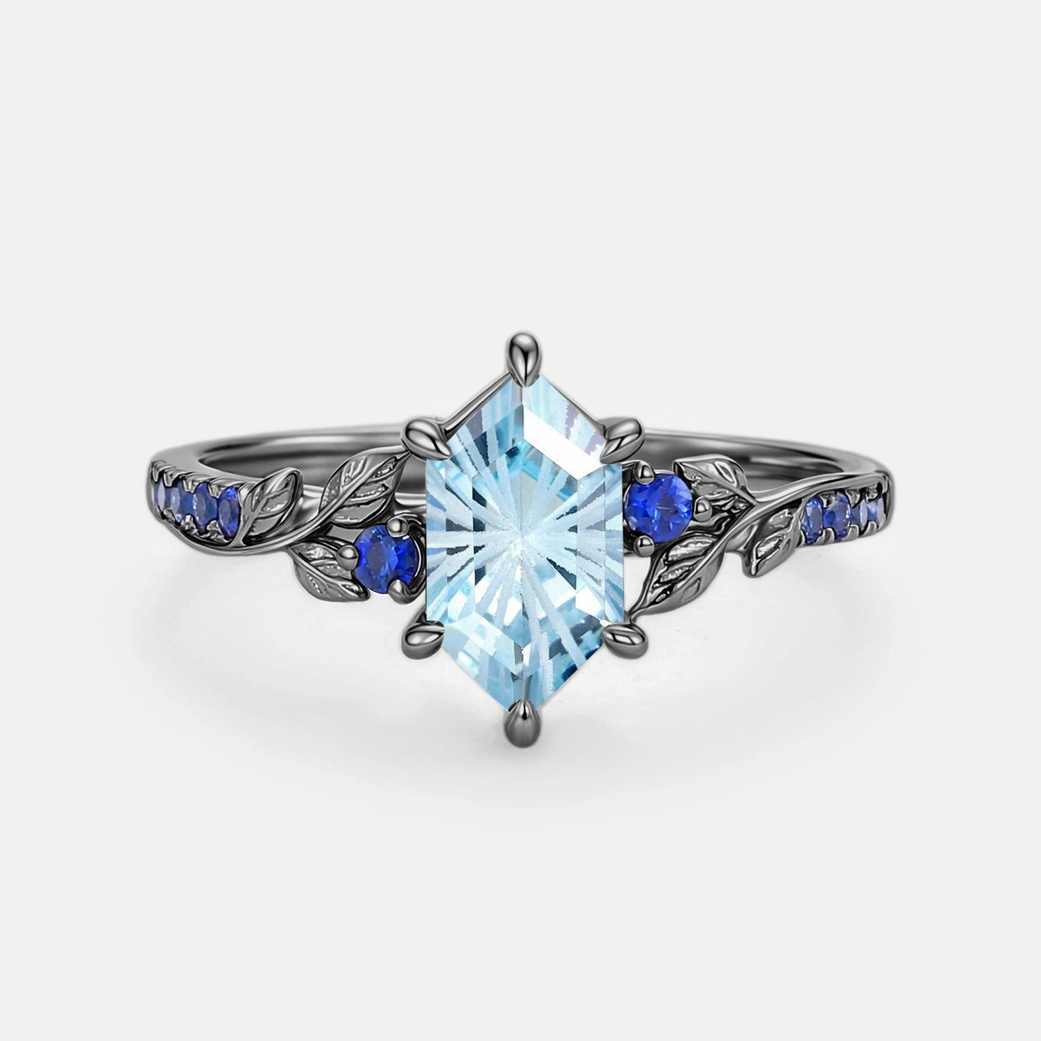 Elongated Hexagon Fireworks Cut Aquamarine Engagement Ring - Azure Dainty Finish