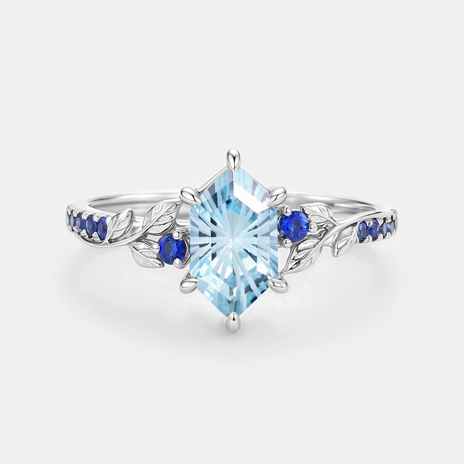 Charming Style Elongated Hexagon Fireworks Cut Aquamarine Engagement Ring - Azure